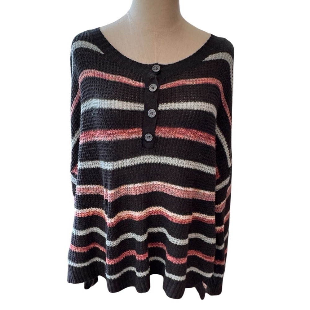 American Eagle‎ Striped Henley Sweater Womens Medium Brown Pink Knit Pullover
